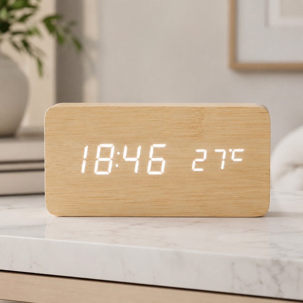 Moderne digitale houten wekker met instelbare helderheid en led-display | ribuella