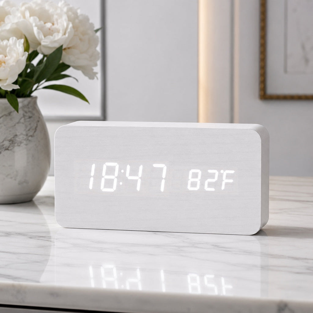 Moderne digitale houten wekker met instelbare helderheid en led-display | ribuella