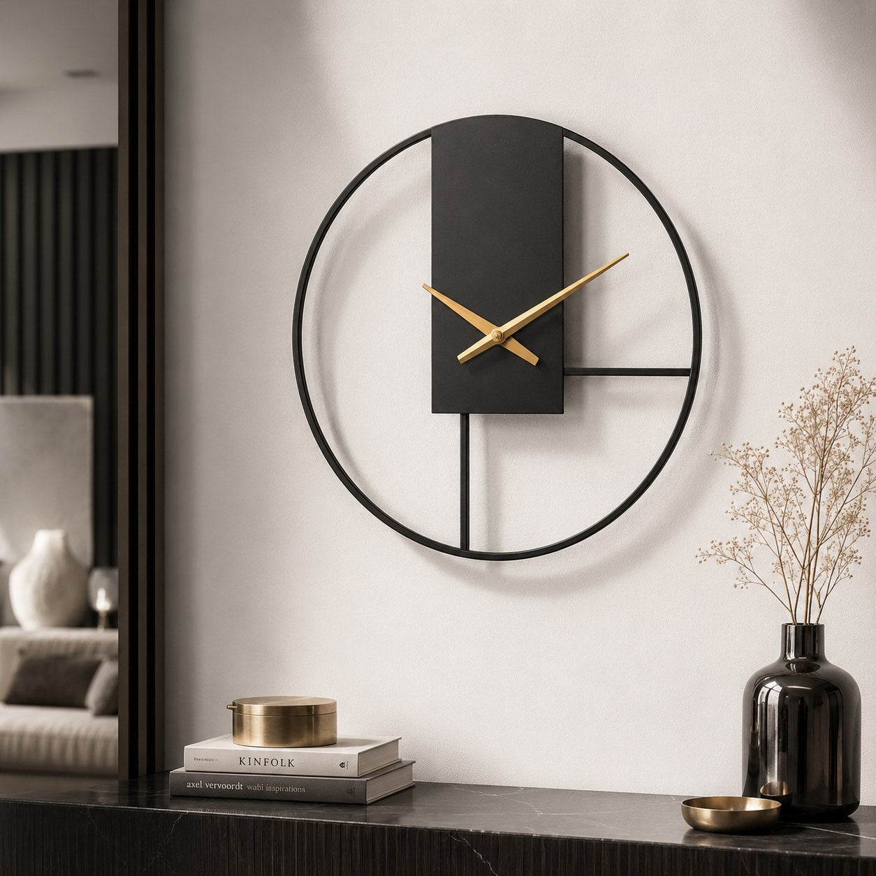 Modern Black Wall Clock with Open Circle Frame and Silent Quartz Movement for Contemporary Decor | ribuella