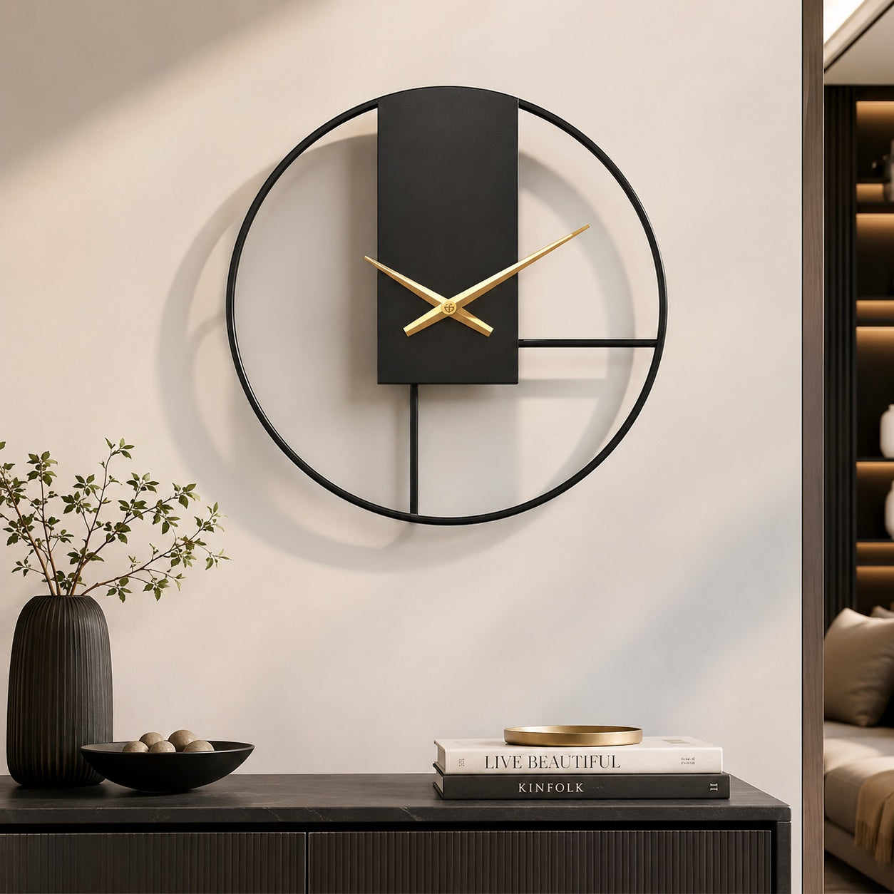 Modern Black Wall Clock with Open Circle Frame and Silent Quartz Movement for Contemporary Decor | ribuella