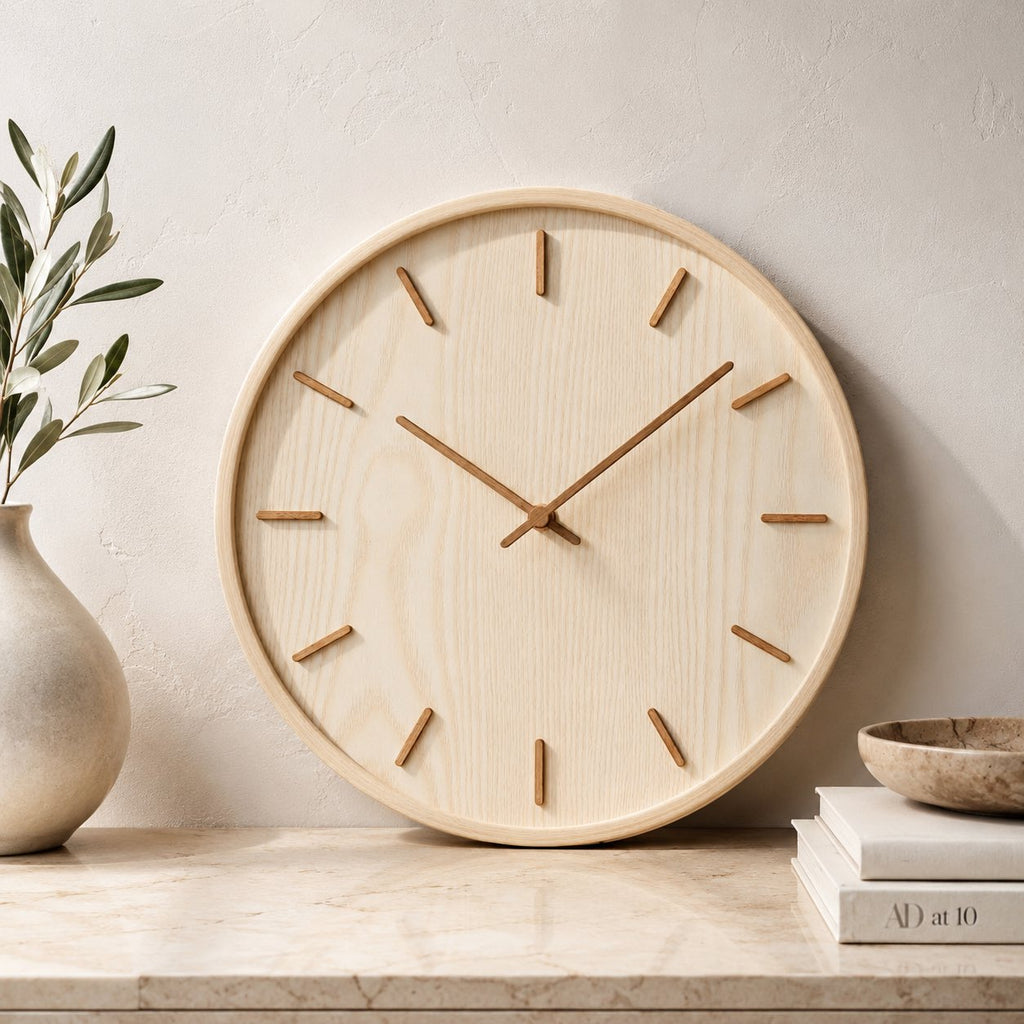 Minimalist Wall Clock Solid Wood Natural Grain | ribuella