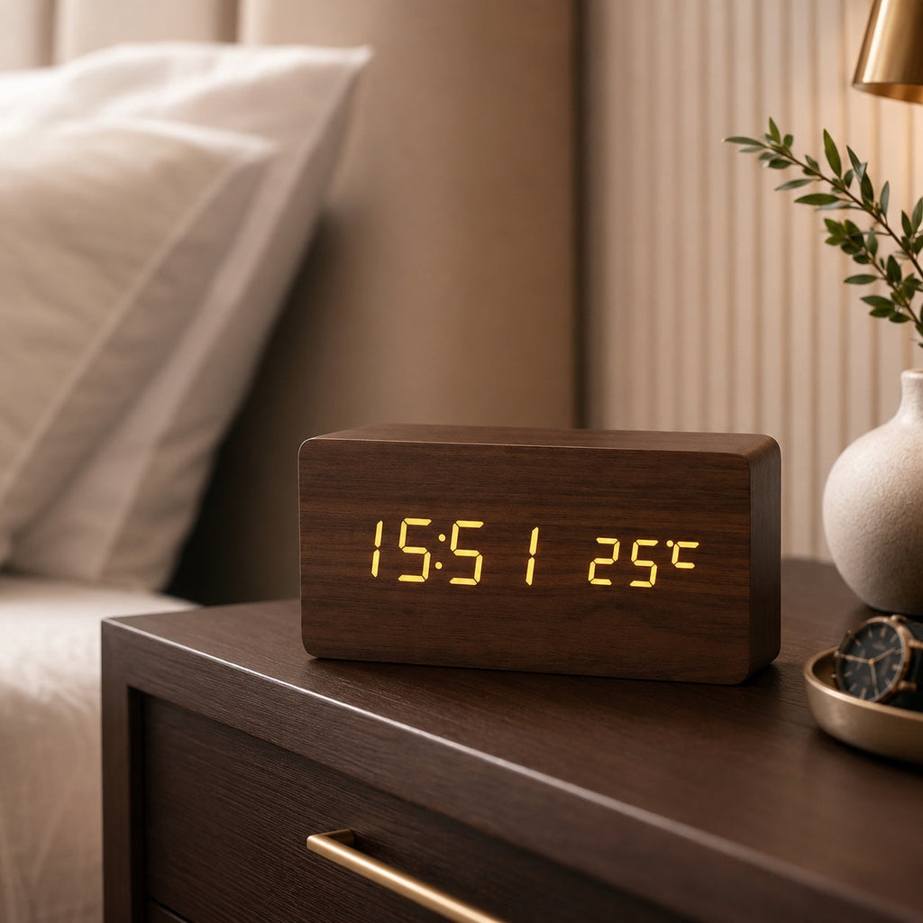 Moderne digitale houten wekker met instelbare helderheid en led-display | ribuella