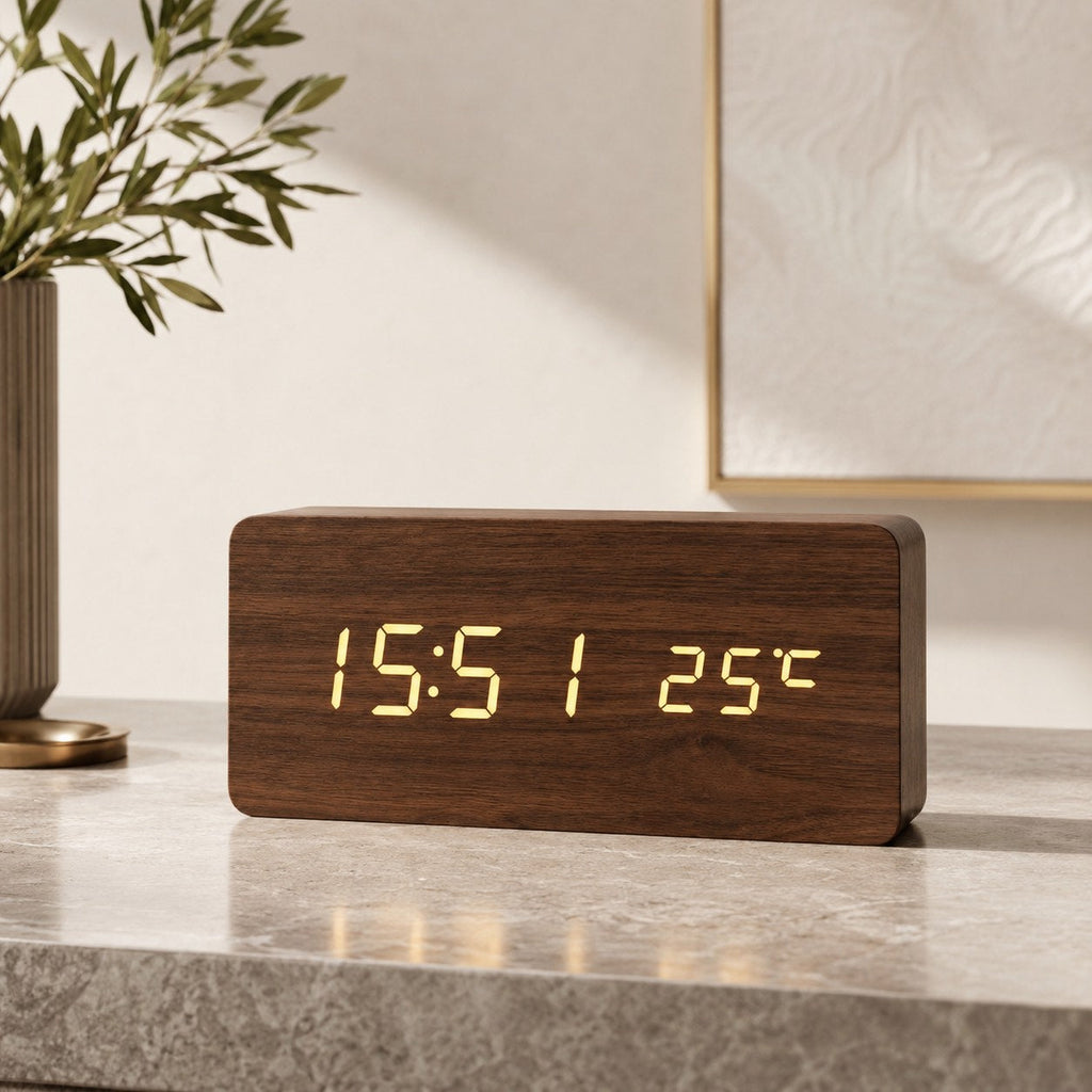 Moderne digitale houten wekker met instelbare helderheid en led-display | ribuella