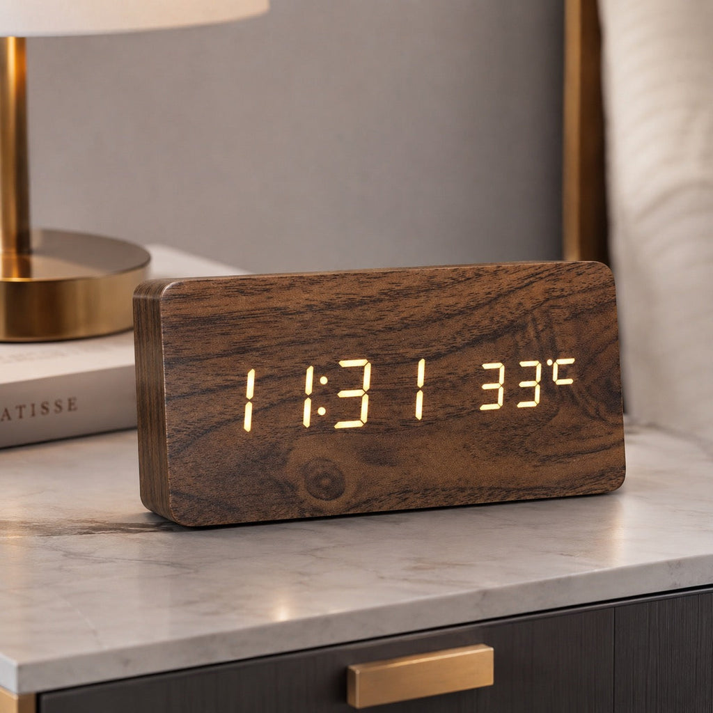 Moderne digitale houten wekker met instelbare helderheid en led-display | ribuella