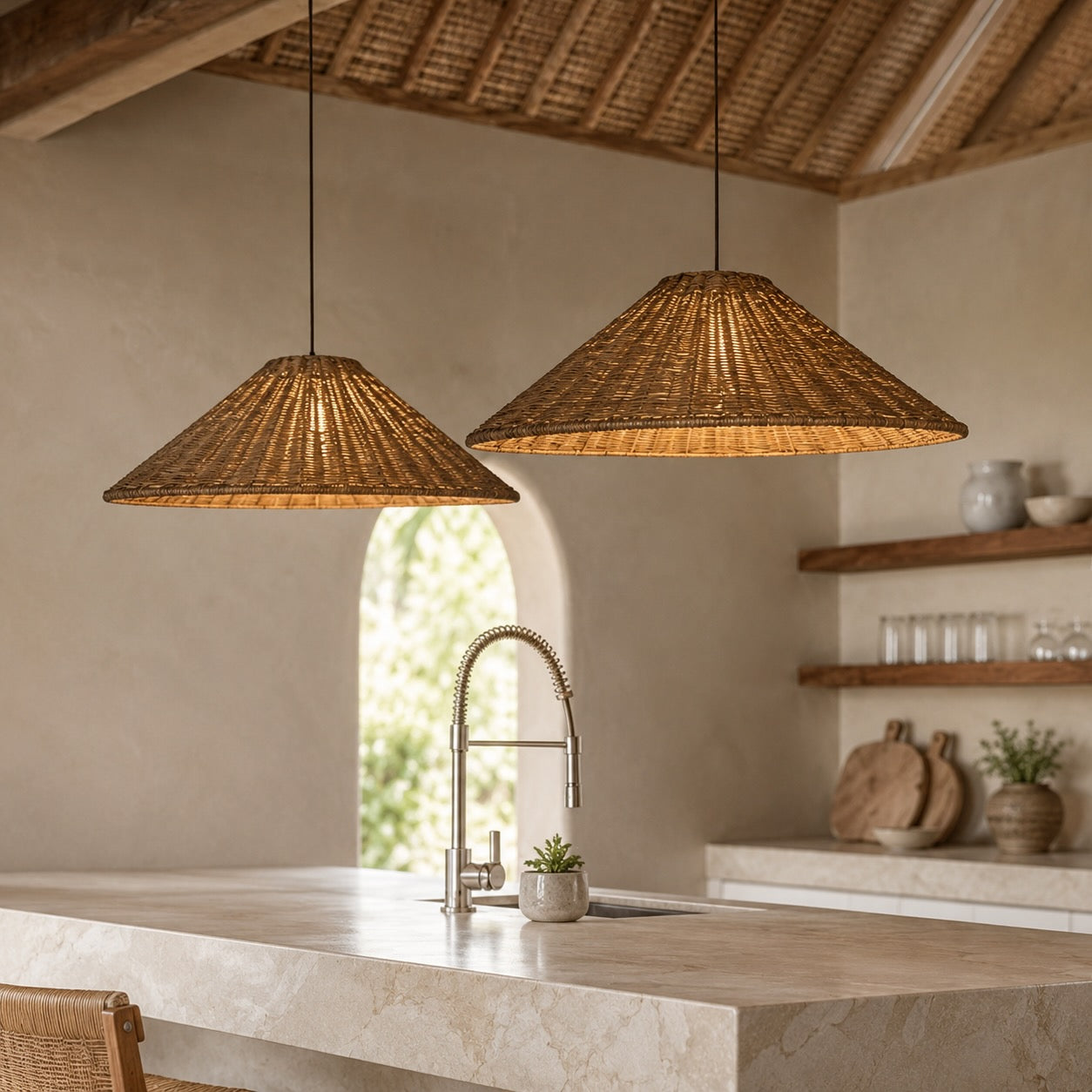 Modern Rattan Pendant Light Adjustable Height LED Hanging Lights for Kitchen Lighting | ribuella