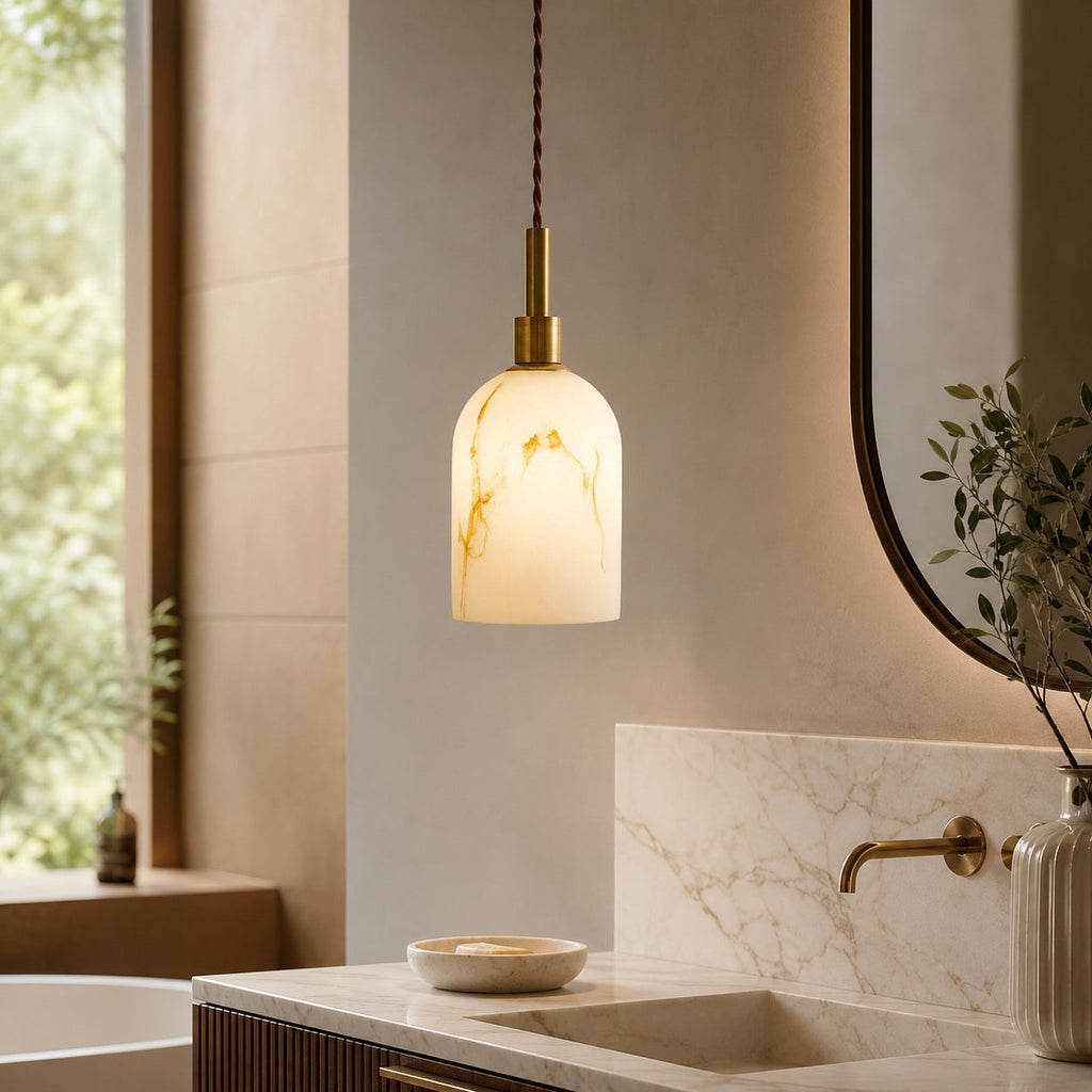 Modern Pendant Lamp with Dark Marble Spheres and Faux Alabaster Shade for Kitchen Lighting | ribuella