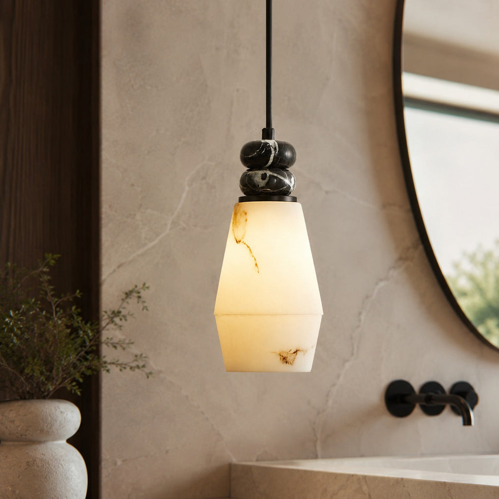 Modern Pendant Lamp with Dark Marble Spheres and Faux Alabaster Shade for Kitchen Lighting | ribuella