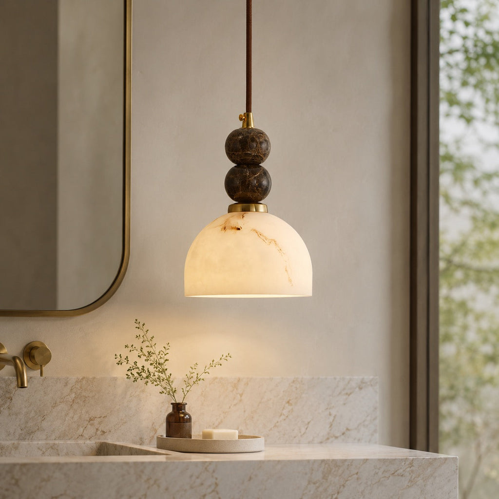 Modern Pendant Lamp with Dark Marble Spheres and Faux Alabaster Shade for Kitchen Lighting | ribuella