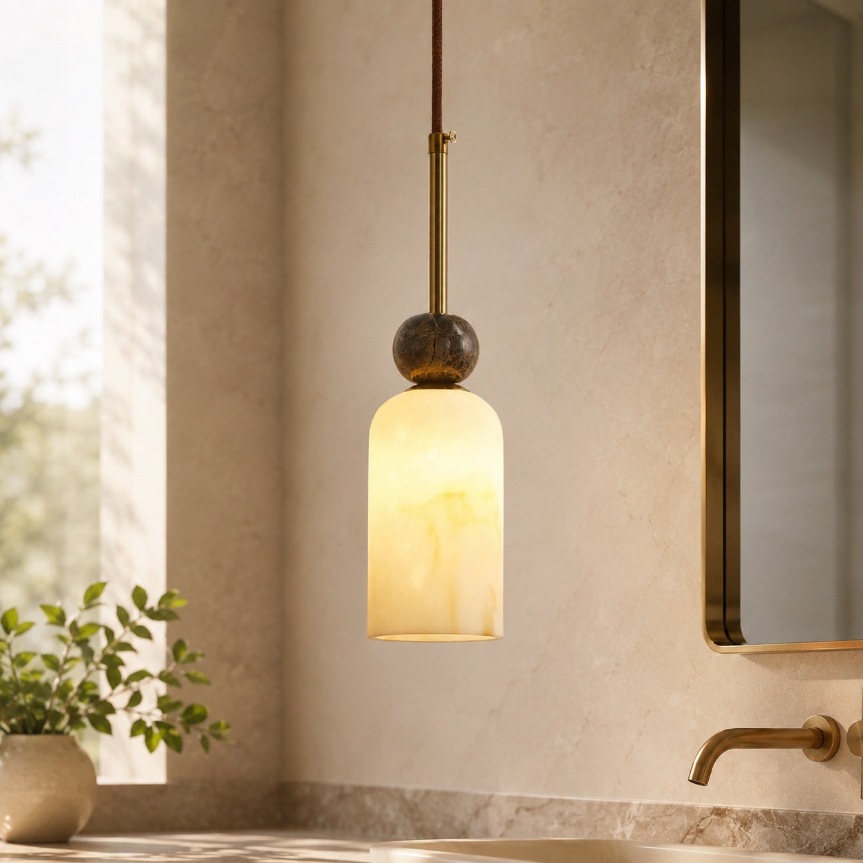 Modern Pendant Lamp with Dark Marble Spheres and Faux Alabaster Shade for Kitchen Lighting | ribuella