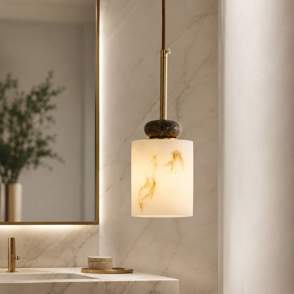 Modern Pendant Lamp with Dark Marble Spheres and Faux Alabaster Shade for Kitchen Lighting | ribuella