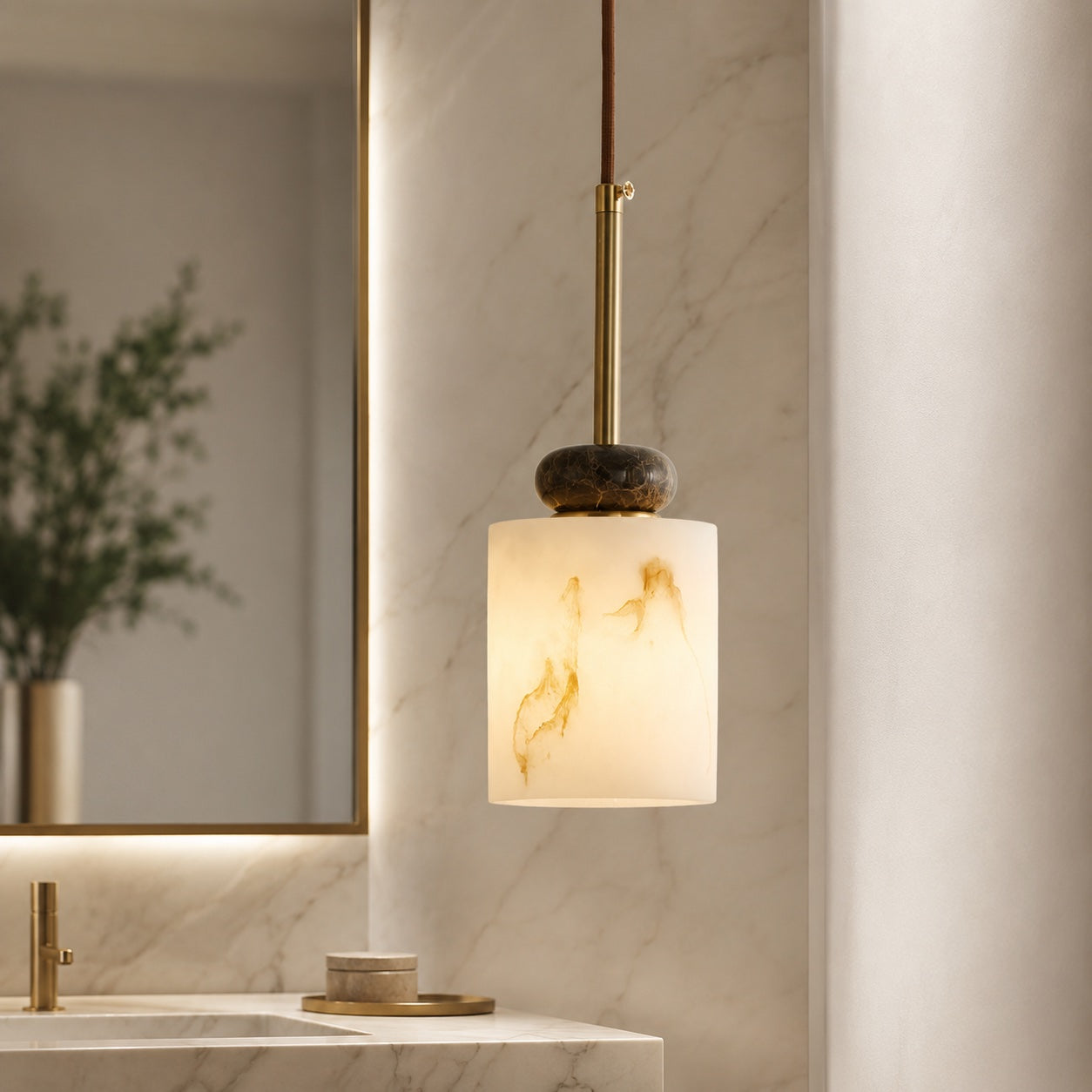 Modern Pendant Lamp with Dark Marble Spheres and Faux Alabaster Shade for Kitchen Lighting | ribuella