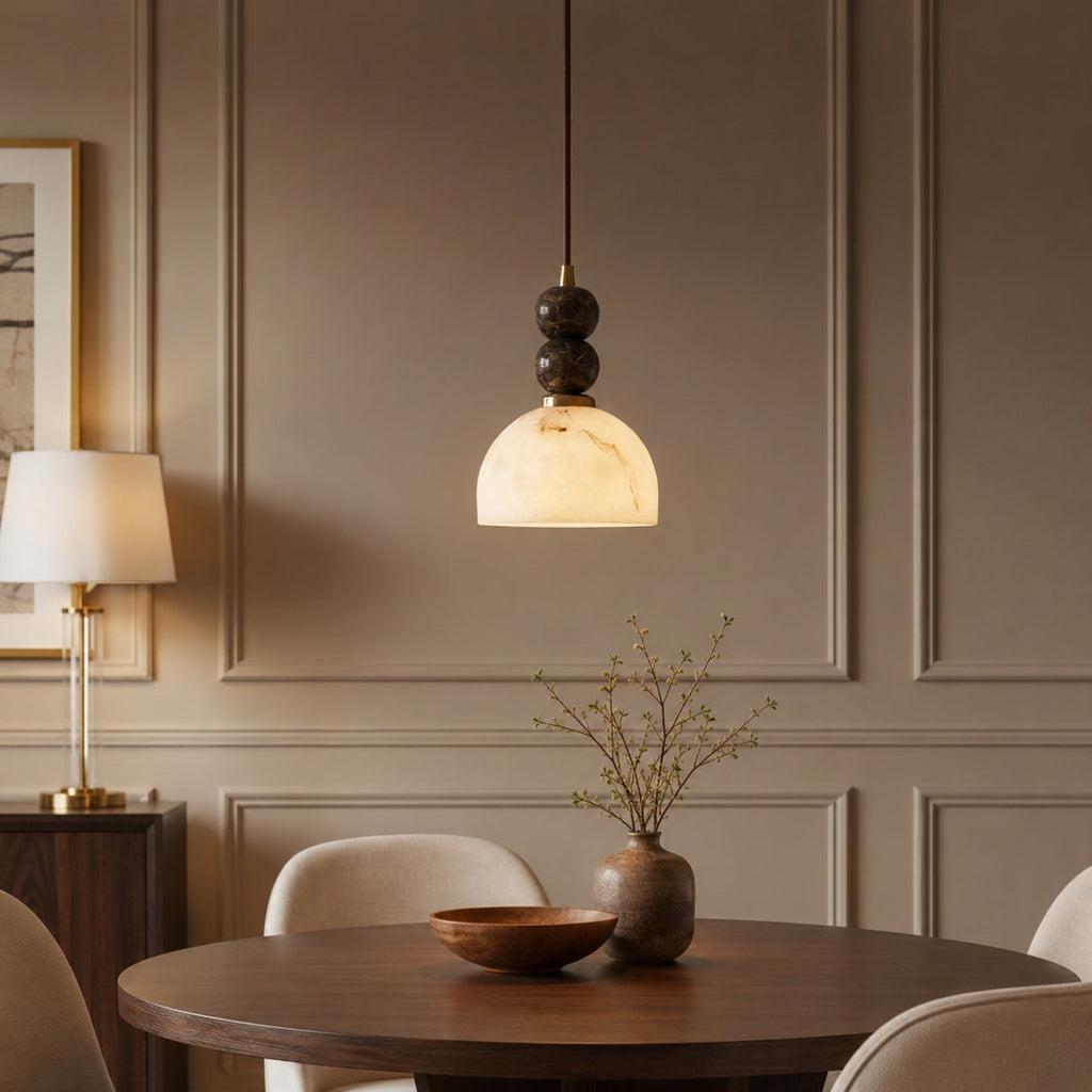 Modern Pendant Lamp with Dark Marble Spheres and Faux Alabaster Shade for Kitchen Lighting | ribuella