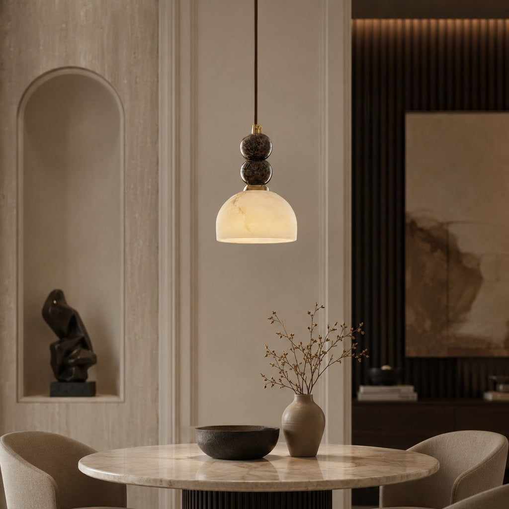 Modern Pendant Lamp with Dark Marble Spheres and Faux Alabaster Shade for Kitchen Lighting | ribuella