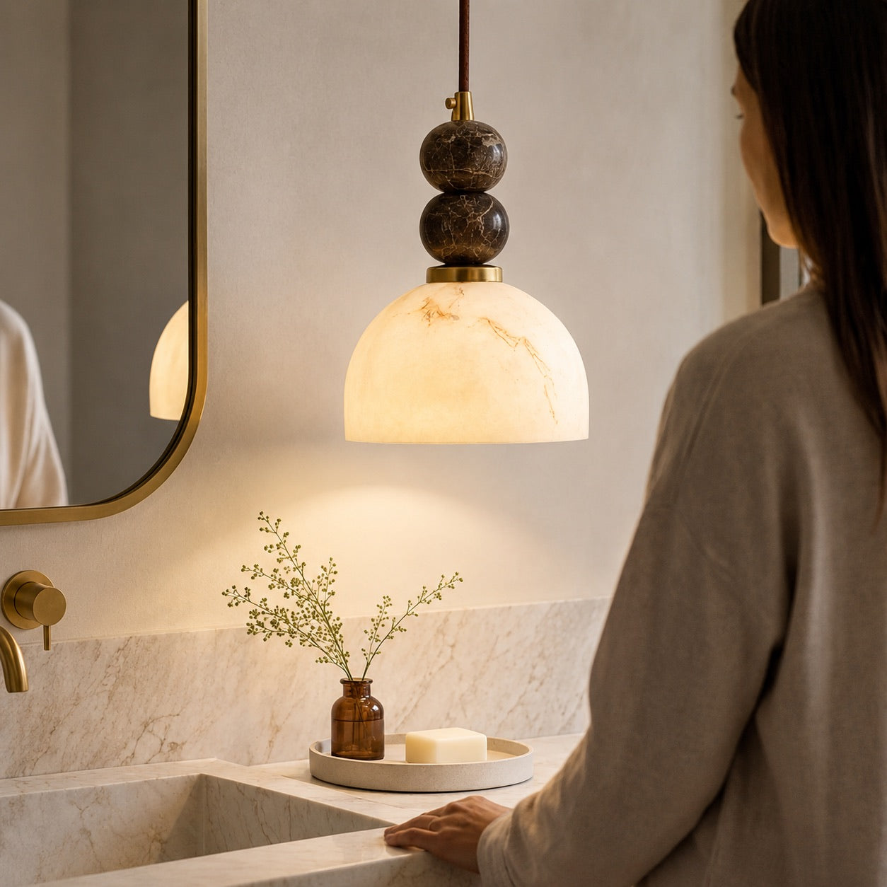 Modern Pendant Lamp with Dark Marble Spheres and Faux Alabaster Shade for Kitchen Lighting | ribuella