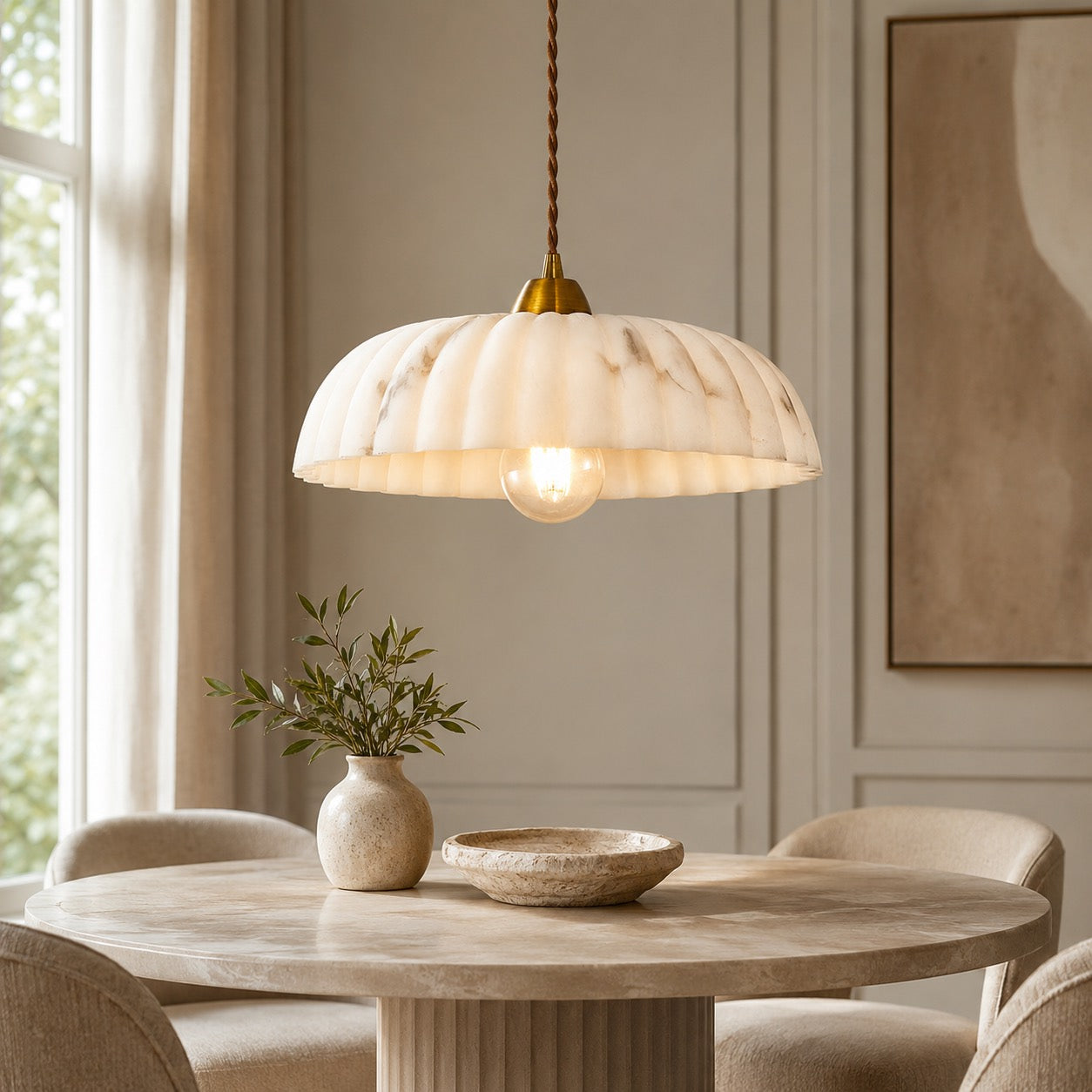 Modern Pendant Light Hanging Alabaster Shade Antique Gold Finish Dimmable for Elegant Illumination | ribuella