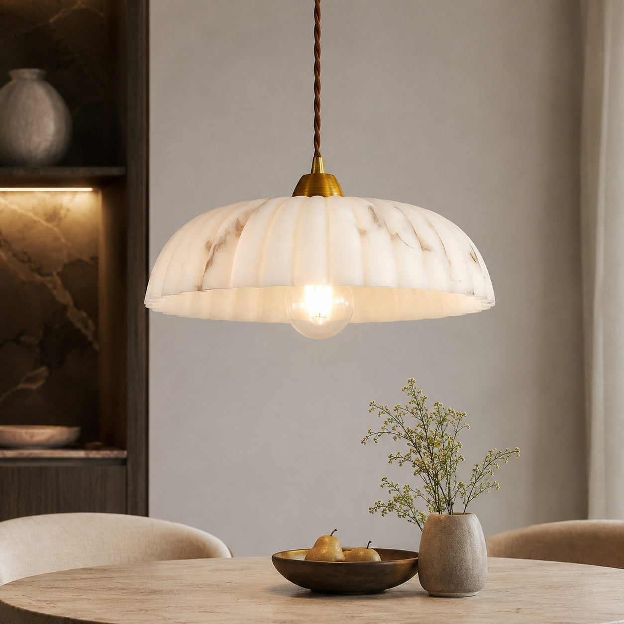 Modern Pendant Light Hanging Alabaster Shade Antique Gold Finish Dimmable for Elegant Illumination | ribuella