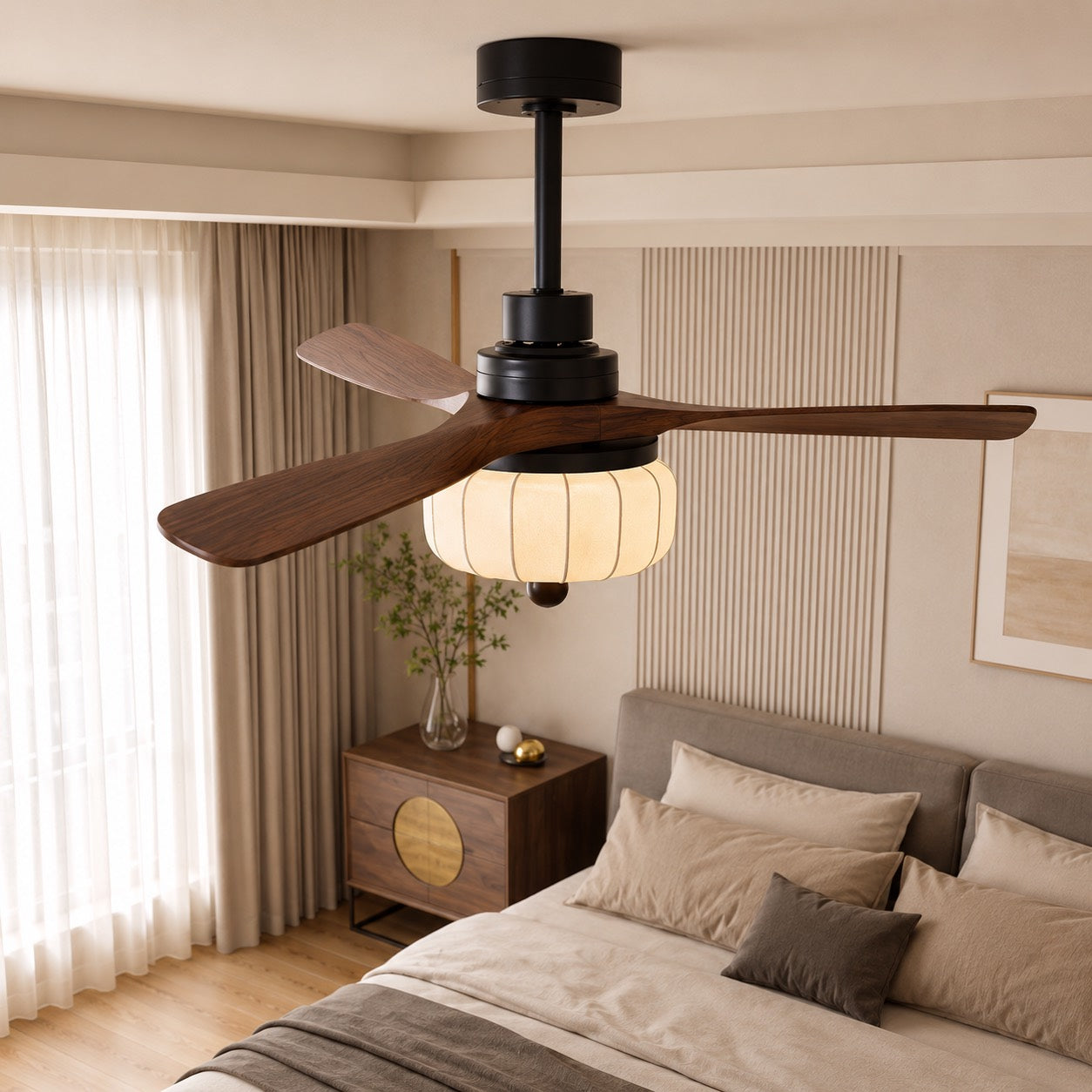 Vintage Ceiling Light Fixture Flush Mount Wood and Metal with Warm Ivory Shade LED Compatible | ribuella