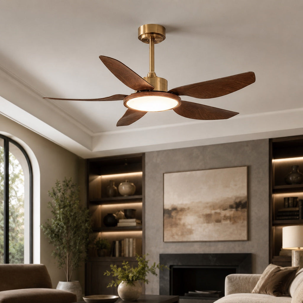 Modern Ceiling Fan Light Flush Mount with Walnut Blades Integrated LED for Indoor Use | ribuella