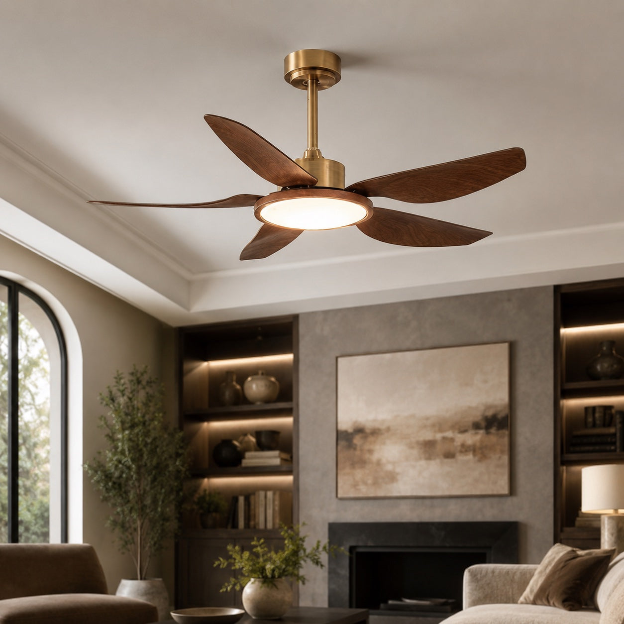 Modern Ceiling Fan Light Flush Mount with Walnut Blades Integrated LED for Indoor Use | ribuella