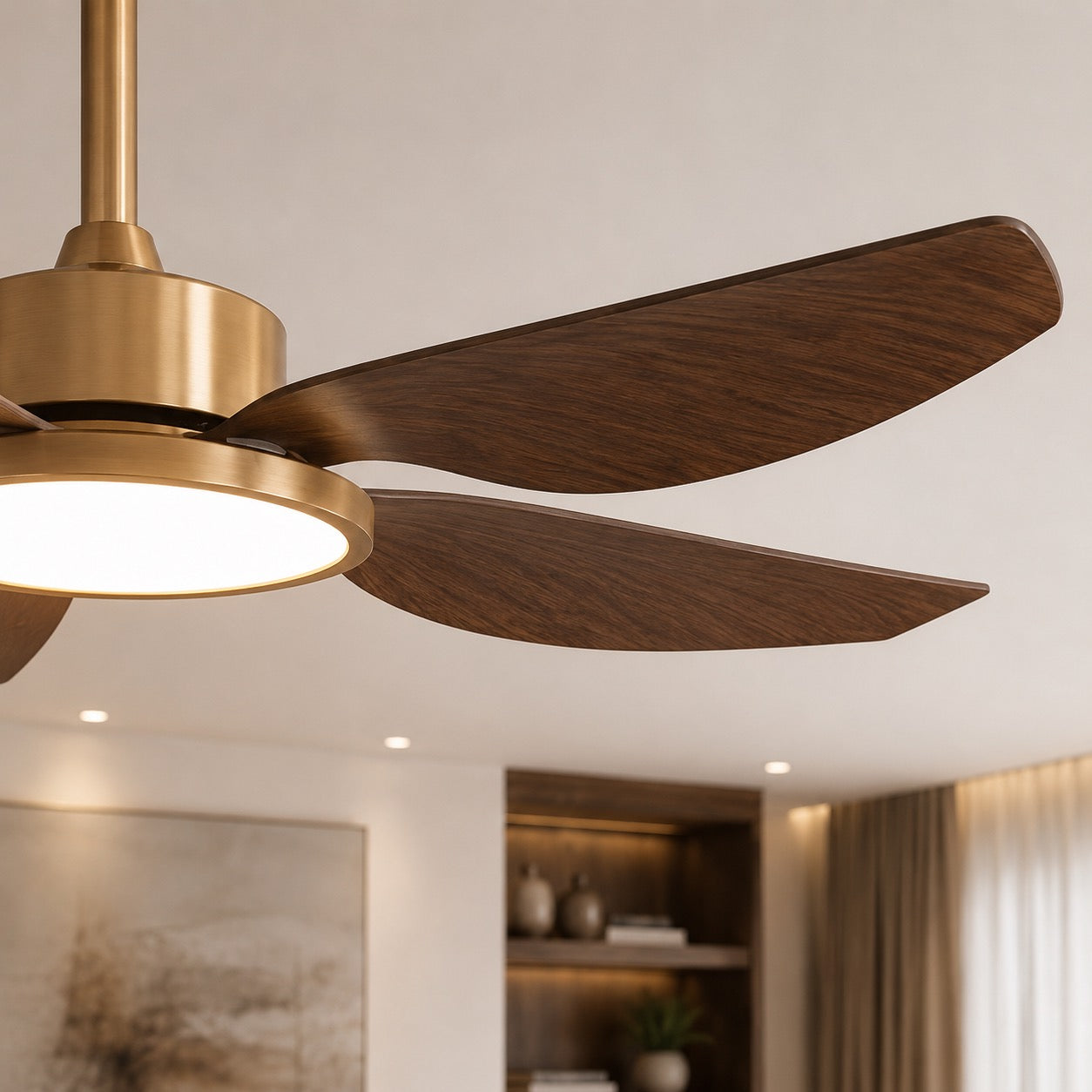 Modern Ceiling Fan Light Flush Mount with Walnut Blades Integrated LED for Indoor Use | ribuella