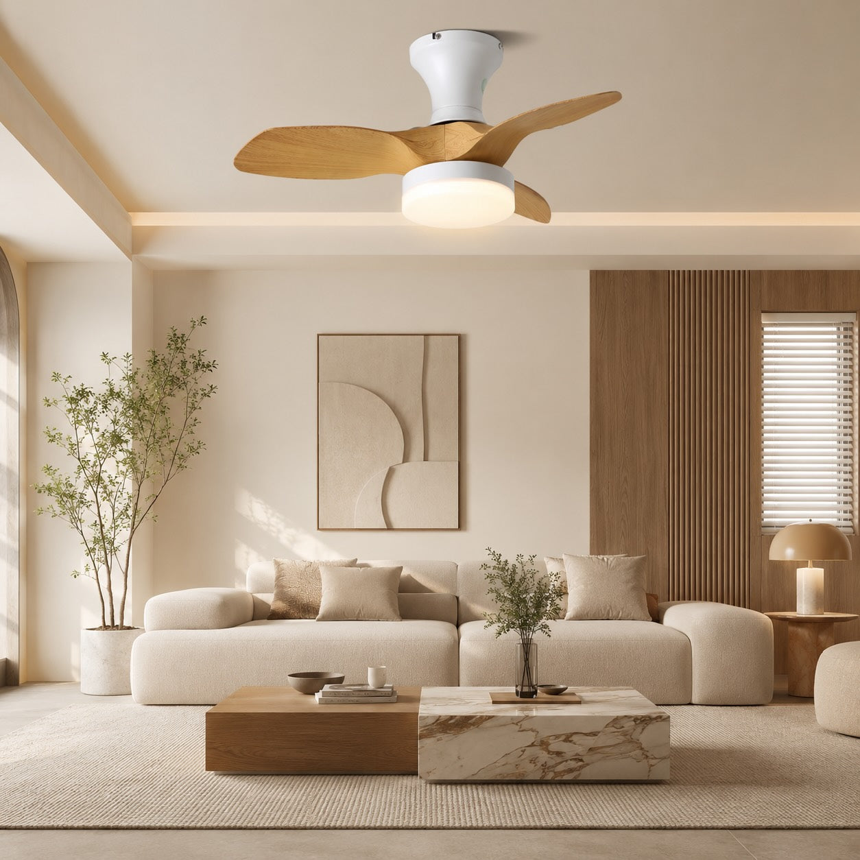 Moderní stropní ventilátor s přisazenou montáží a osvětlením, černý kov, integrované LED a 6rychlostní ovládání | ribuella