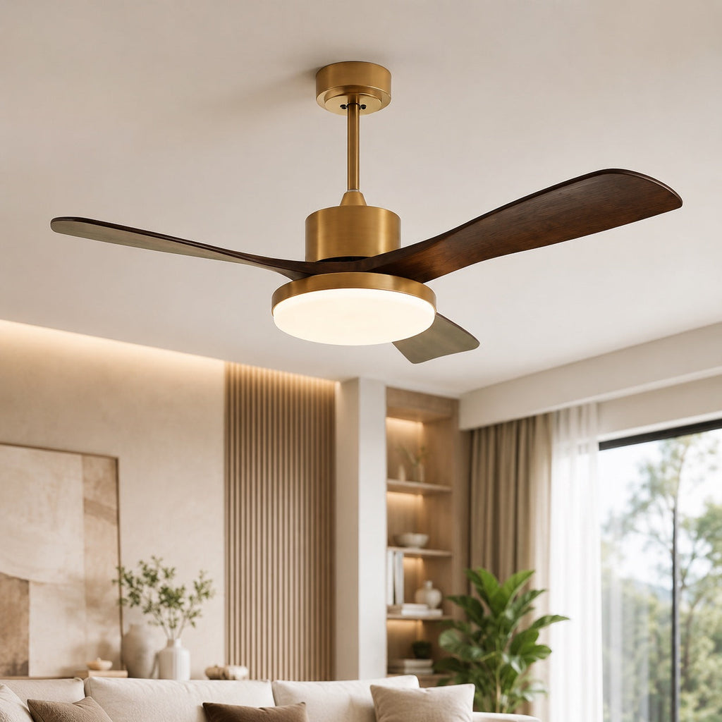 Moderner Deckenventilator mit Beleuchtung, zur Aufbaumontage, Holzflügel, integrierte LED, 6-stufige Steuerung | ribuella