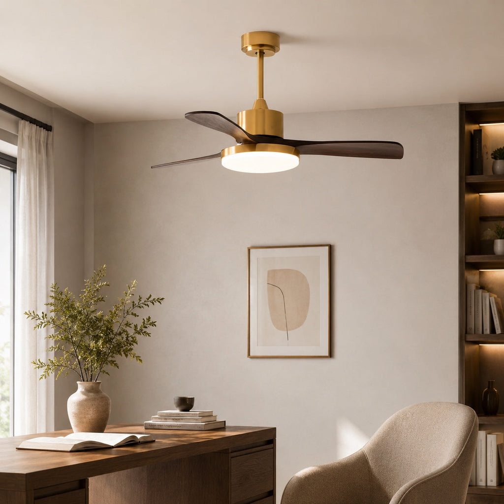 Moderner Deckenventilator mit Beleuchtung, zur Aufbaumontage, Holzflügel, integrierte LED, 6-stufige Steuerung | ribuella