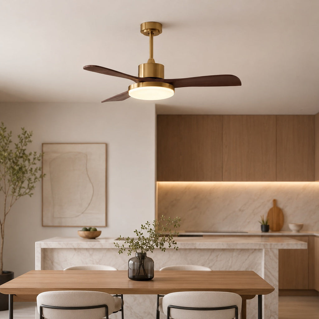 Moderner Deckenventilator mit Beleuchtung, zur Aufbaumontage, Holzflügel, integrierte LED, 6-stufige Steuerung | ribuella
