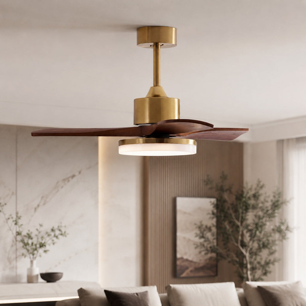 Moderner Deckenventilator mit Beleuchtung, zur Aufbaumontage, Holzflügel, integrierte LED, 6-stufige Steuerung | ribuella
