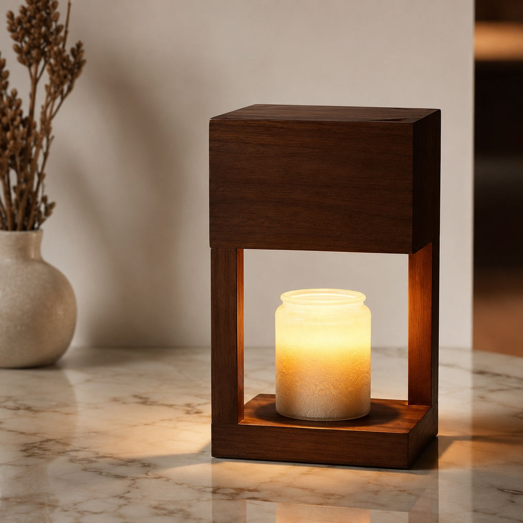 Lampe chauffe-bougie moderne, lampe de table à hauteur réglable, base en bois, lueur d’ambiance | ribuella