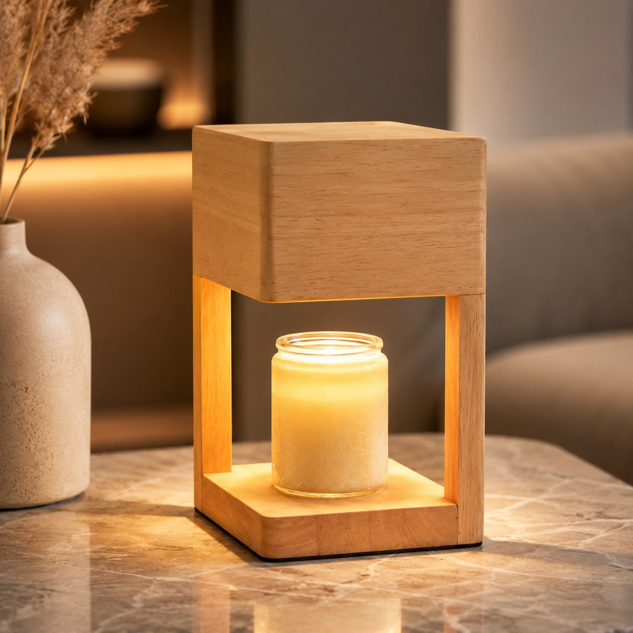 Lampe chauffe-bougie moderne, lampe de table à hauteur réglable, base en bois, lueur d’ambiance | ribuella