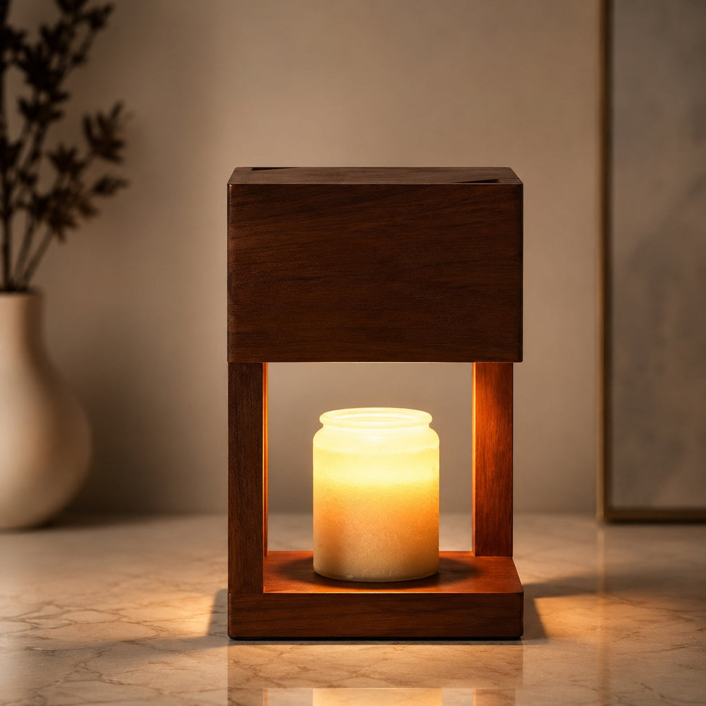 Lampe chauffe-bougie moderne, lampe de table à hauteur réglable, base en bois, lueur d’ambiance | ribuella