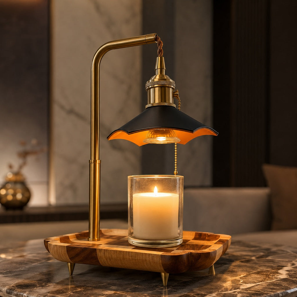 Modern Adjustable Candle Warmer Lamp Table Light Wood Brass Ambient LED Lighting | ribuella