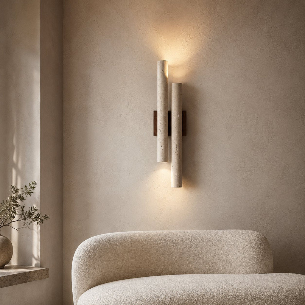Modern Wall Light Wall Mounted Natural Travertine Shade Walnut Wood Base LED Compatible G9 Bulb | ribuella
