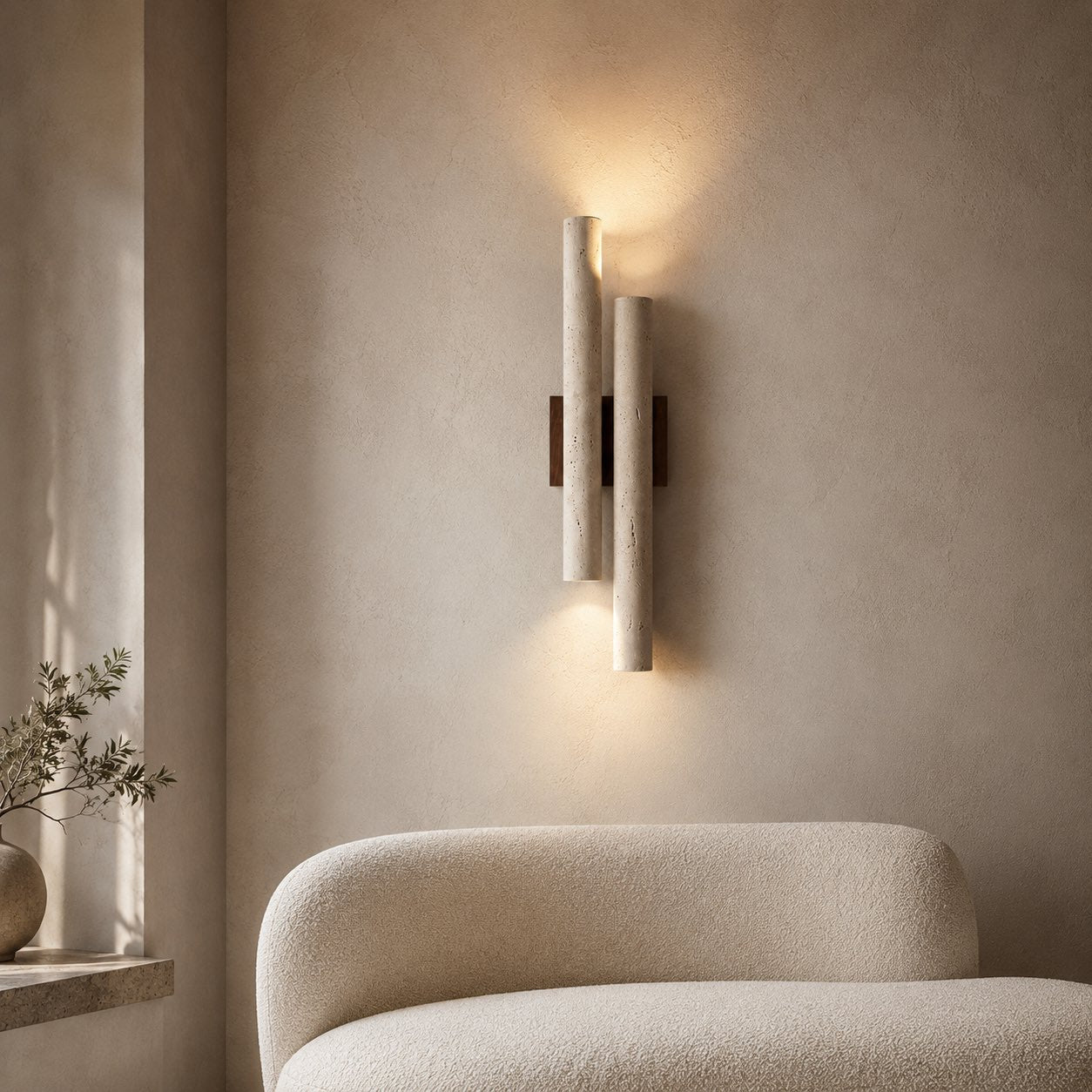 Modern Wall Light Wall Mounted Natural Travertine Shade Walnut Wood Base LED Compatible G9 Bulb | ribuella