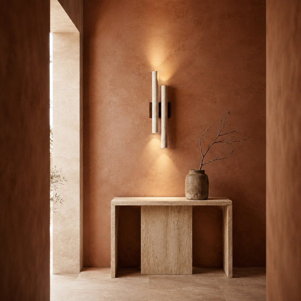 Modern Wall Light Wall Mounted Natural Travertine Shade Walnut Wood Base LED Compatible G9 Bulb | ribuella