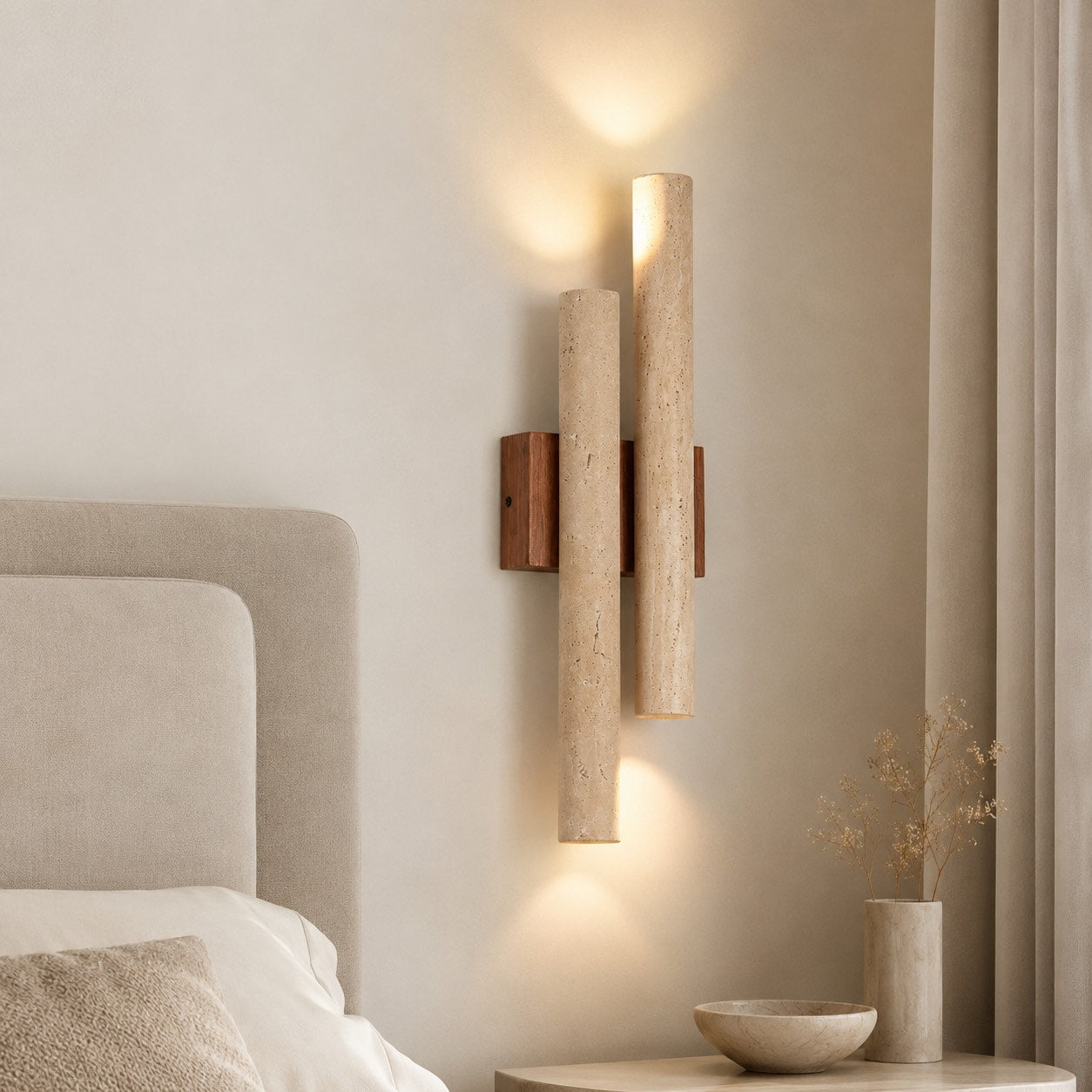 Modern Wall Light Wall Mounted Natural Travertine Shade Walnut Wood Base LED Compatible G9 Bulb | ribuella
