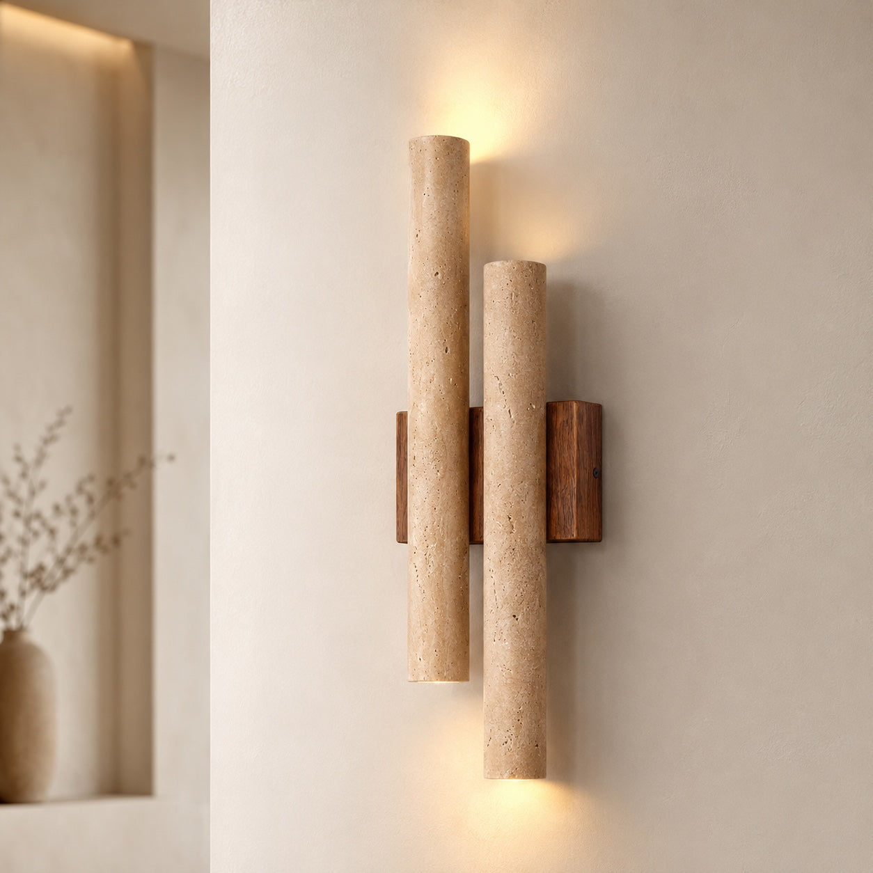 Modern Wall Light Wall Mounted Natural Travertine Shade Walnut Wood Base LED Compatible G9 Bulb | ribuella