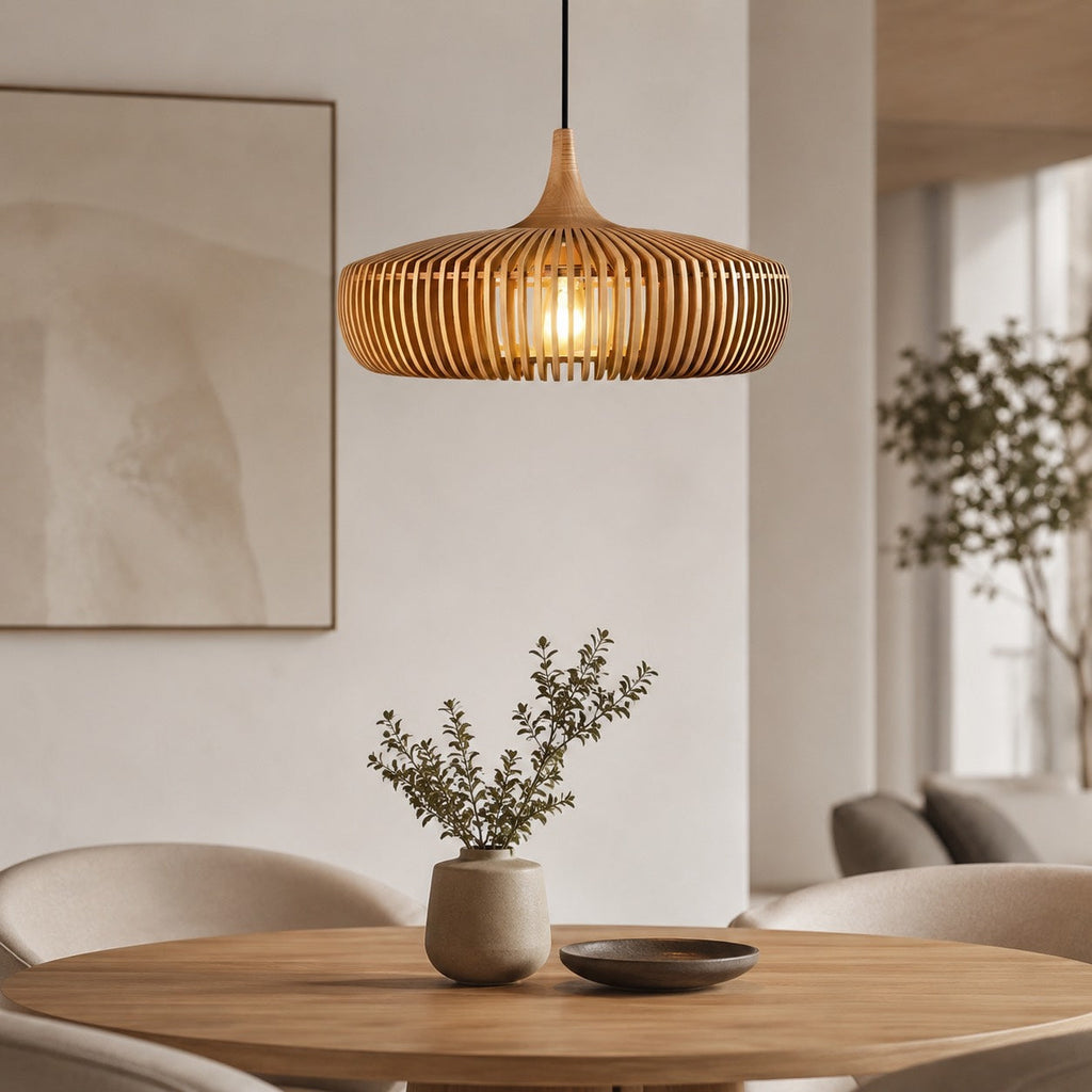 Skandinavisk pendellampe i træ til loftet, moderne minimalistisk design, LED-kompatibel | ribuella