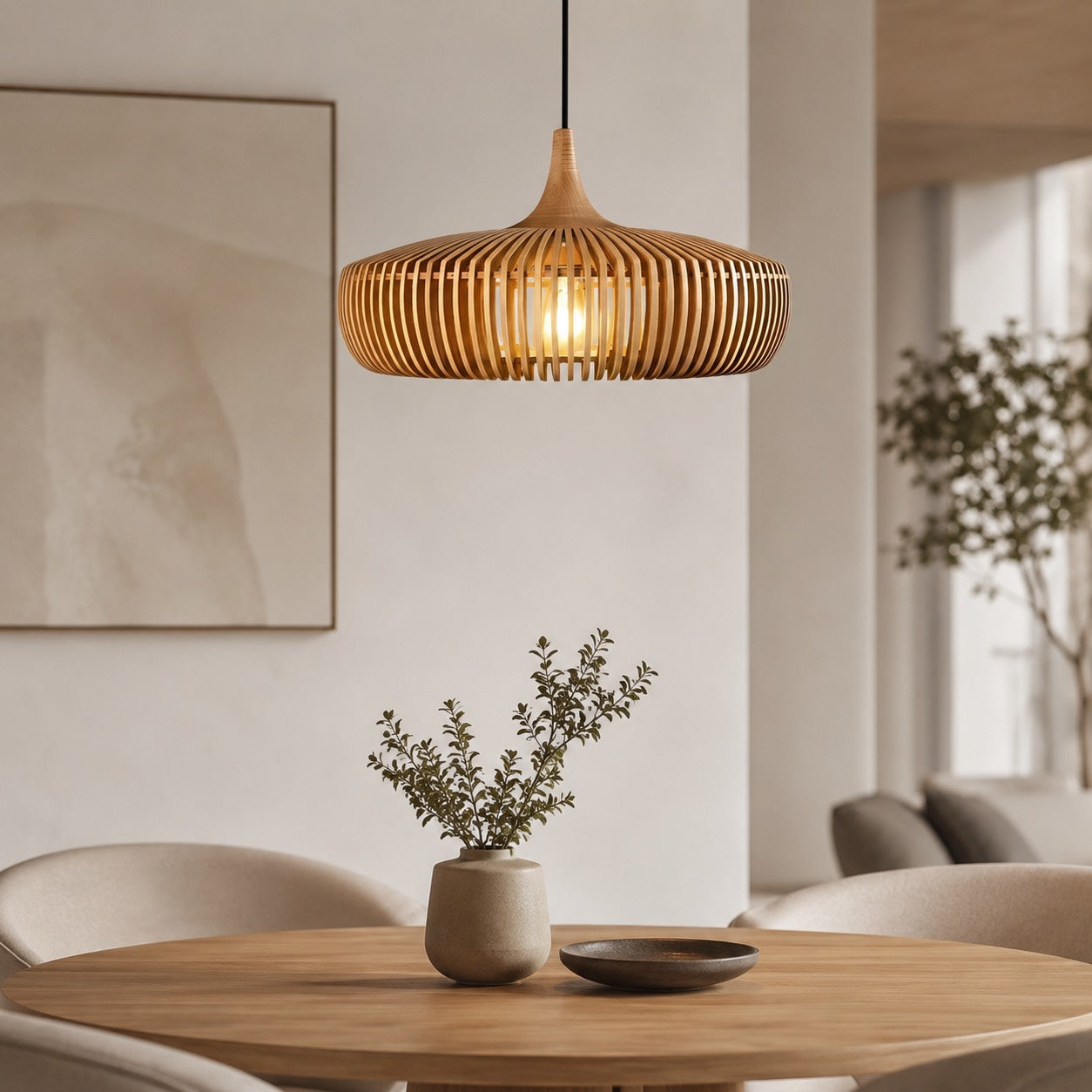 Skandinavisk pendellampe i træ til loftet, moderne minimalistisk design, LED-kompatibel | ribuella