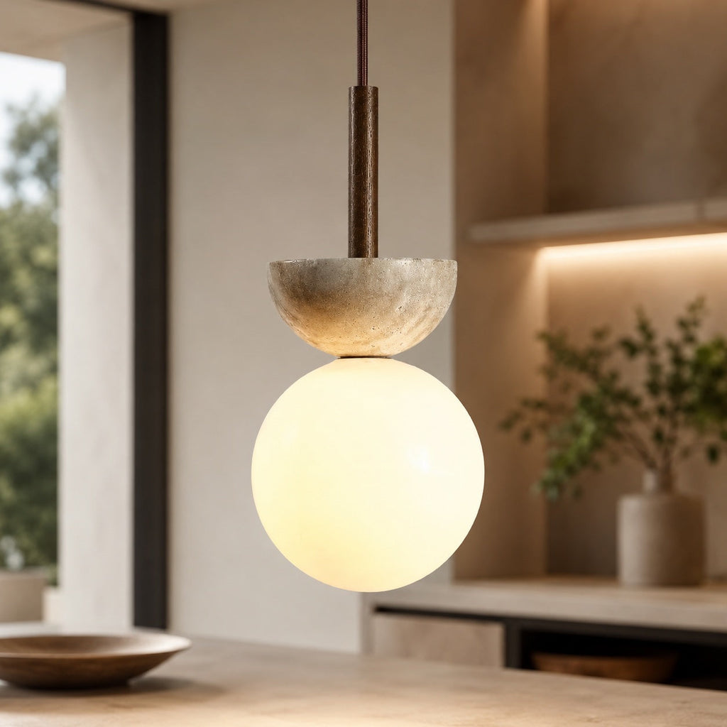 Nordisk pendellampe med rundt design, LED og travertinsten, kompakt loftslampe | ribuella