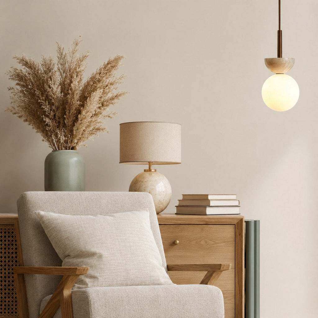 Nordisk pendellampe med rundt design, LED og travertinsten, kompakt loftslampe | ribuella