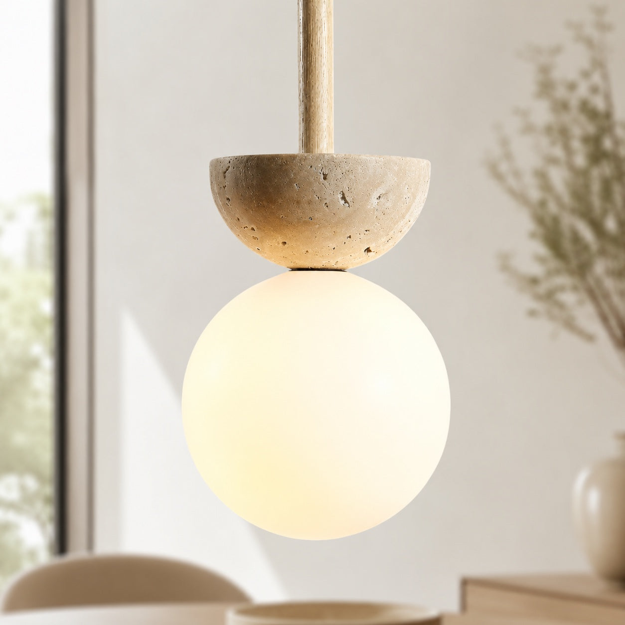 Nordisk pendellampe med rundt design, LED og travertinsten, kompakt loftslampe | ribuella