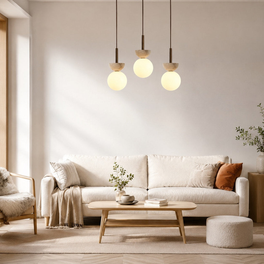 Nordisk pendellampe med rundt design, LED og travertinsten, kompakt loftslampe | ribuella