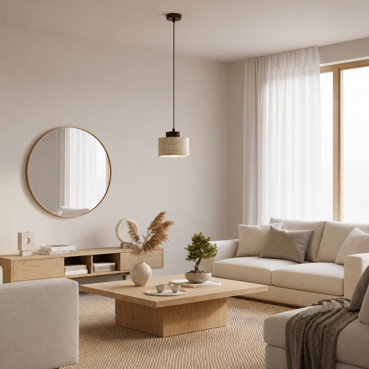 Nordisk minimalistisk pendellampe i naturlig travertinsten, ledningsmonteret, elegant belysning | ribuella