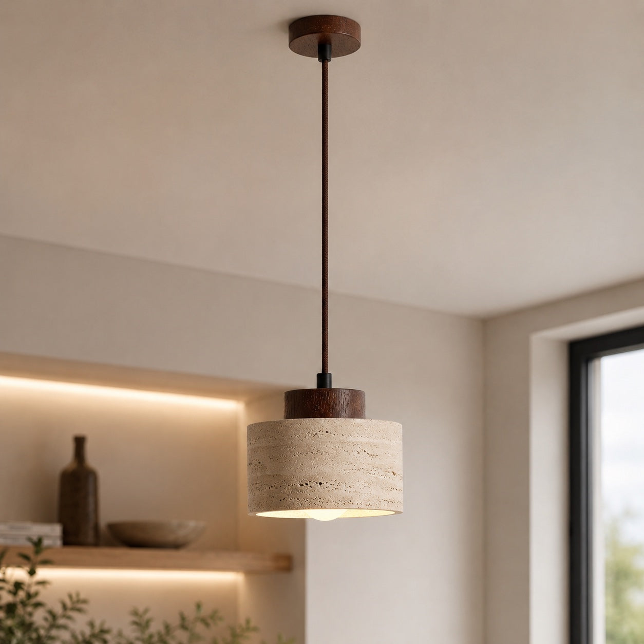 Nordisk minimalistisk pendellampe i naturlig travertinsten, ledningsmonteret, elegant belysning | ribuella