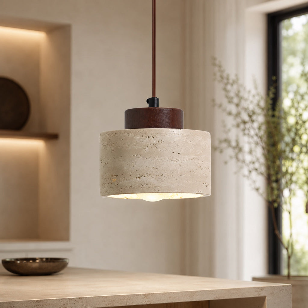 Nordisk minimalistisk pendellampe i naturlig travertinsten, ledningsmonteret, elegant belysning | ribuella