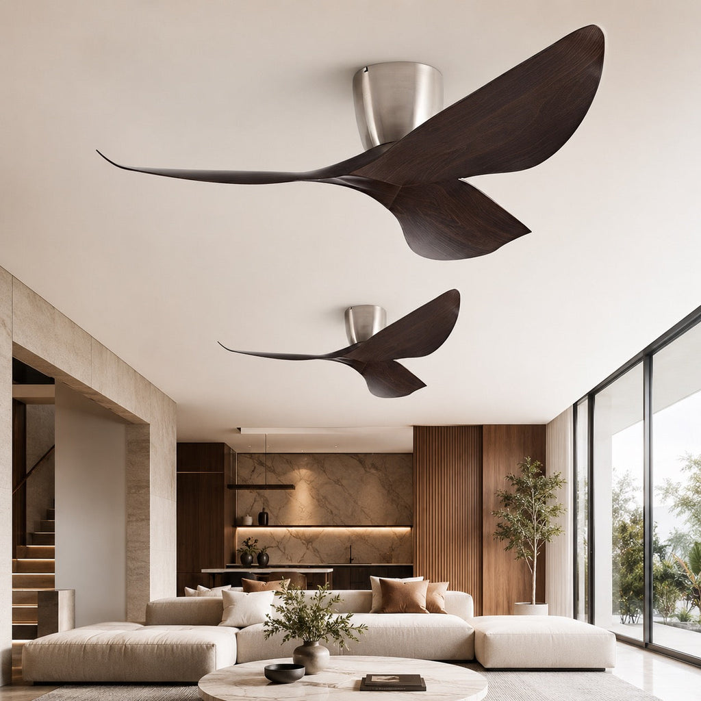 Moderner Deckenventilator mit flachem Profil, Fernbedienung und leisem Gleichstrommotor | ribuella
