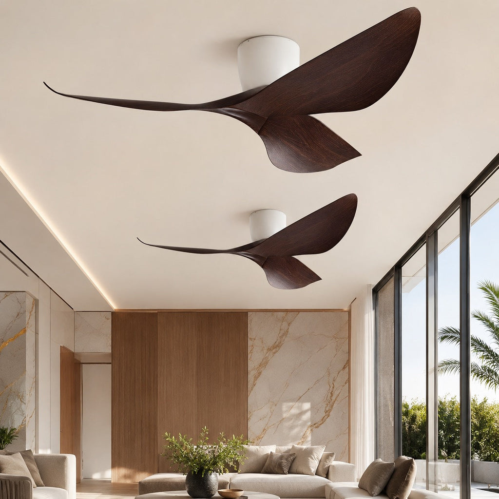 Moderner Deckenventilator mit flachem Profil, Fernbedienung und leisem Gleichstrommotor | ribuella