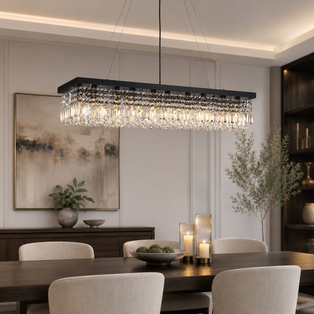 Modern Black Chandelier with Adjustable Height K9 Crystal and Metal Frame for Dining Room | ribuella